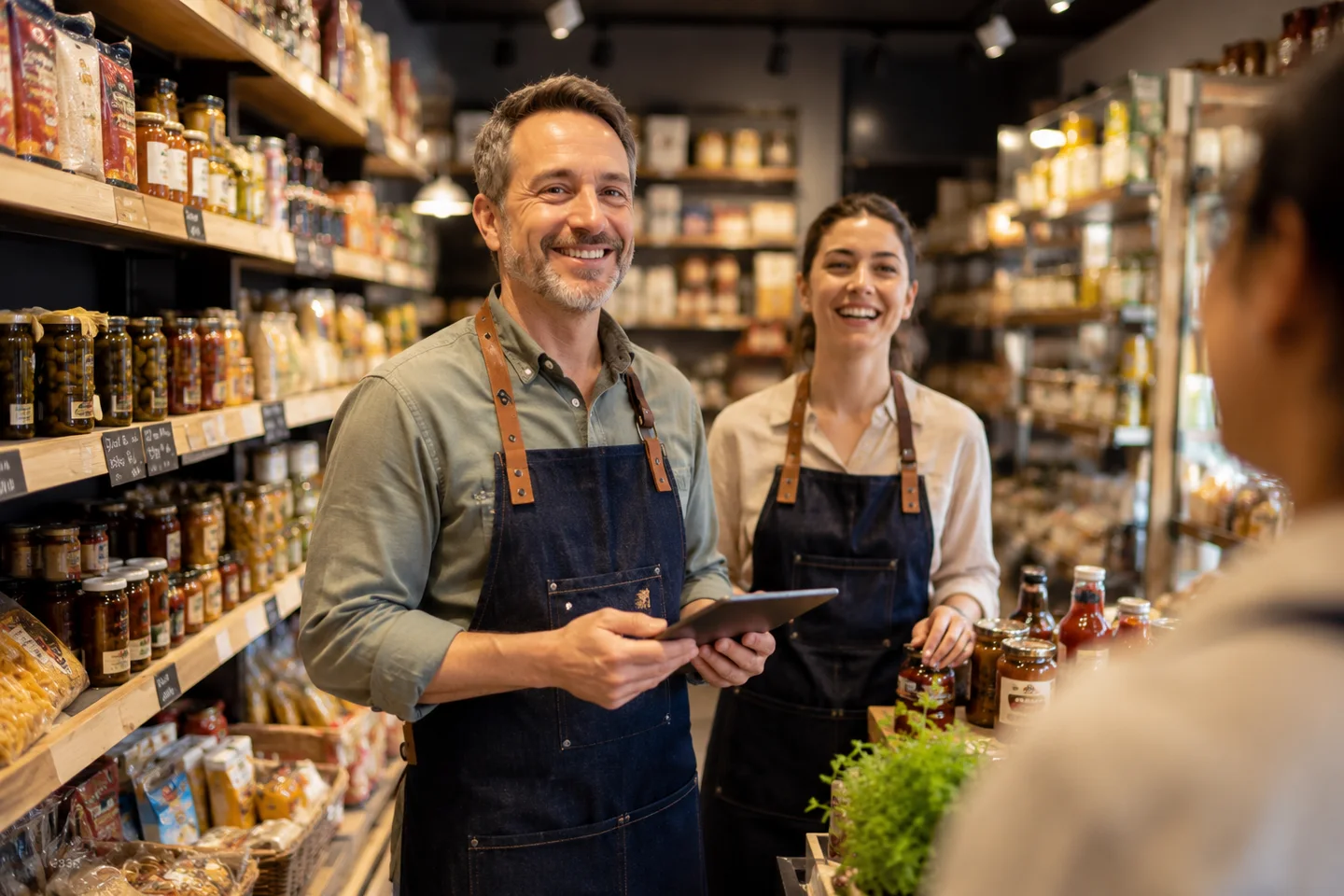 Deux commerçants dans une épicerie
